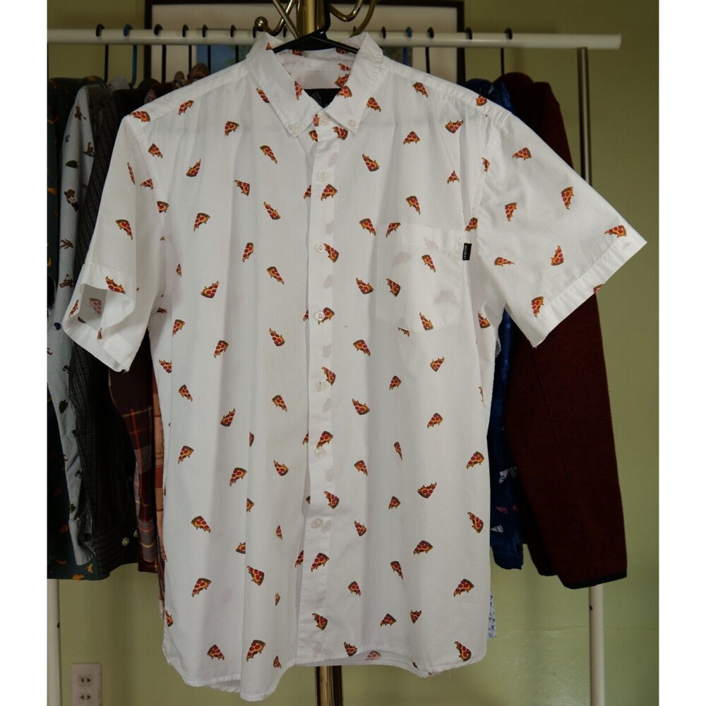 Molokai Surf Co Men's XL Short Sleeve Button Shirt White Cotton Pizza Design